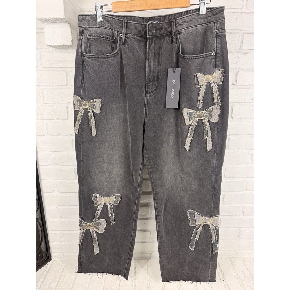 Driftwood Royce Jeans Size 32 Black Wash Bow Applique Raw Hem Wide Leg NWT